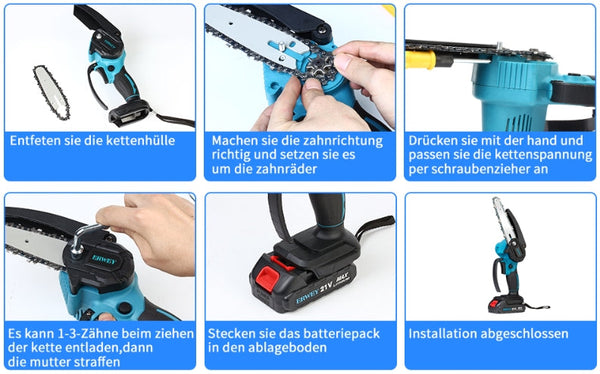 Sonderposten 29,- Euro: Mini-Akku-Kettensäge 4 und 6 Zoll. (2 Ketten-Längen). Inkl. 2 Li-Ion-Akkus und Ladestation.