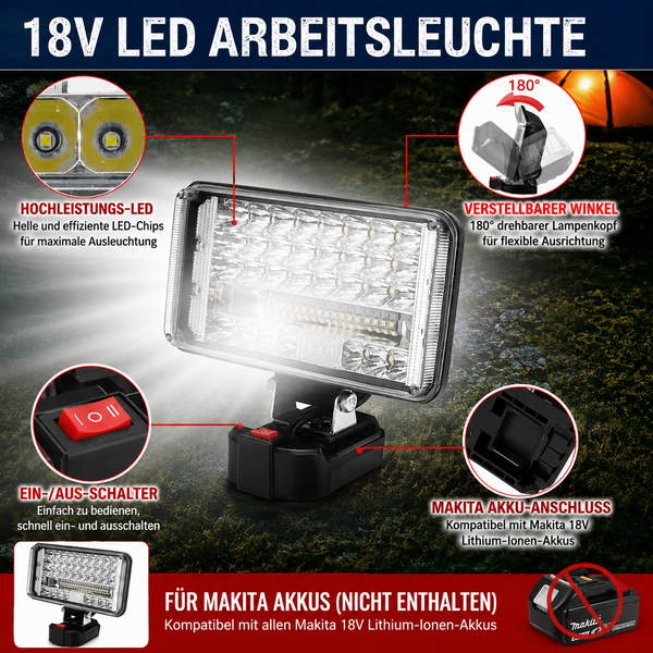 Extrem helle professionelle Akku-LED-Arbeitsleuchte 7 Zoll – 59 LEDs / 180 W. Passend zu unseren Akkus.