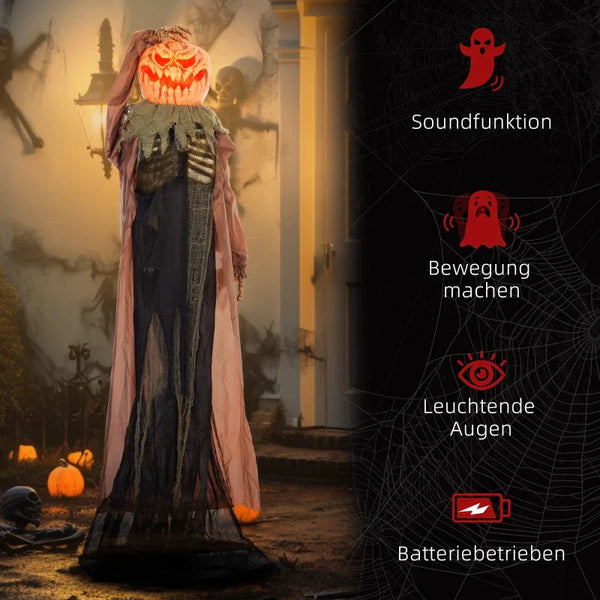 Animierte Halloween-Dekoration – Schädelkürbisgeist mit LED-Augen & Sound, 183 cm