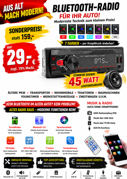 FM-Autoradio 1-DIN mit neuester Technik 45W USB SD TF Aux Bluetooth Freisprechen und FM Empfang