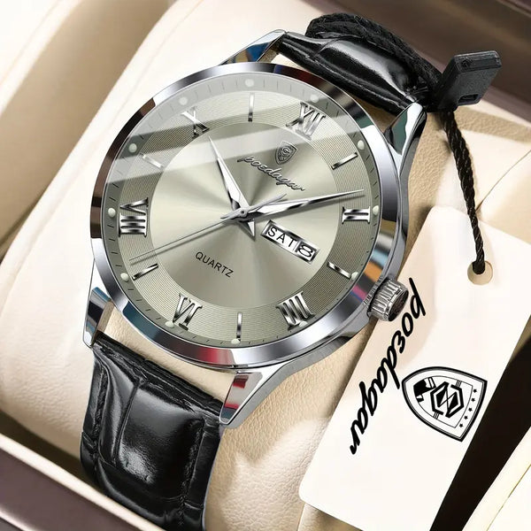 Herren Armbanduhr mit schwarzem Lederband. 4 Ausführungen.