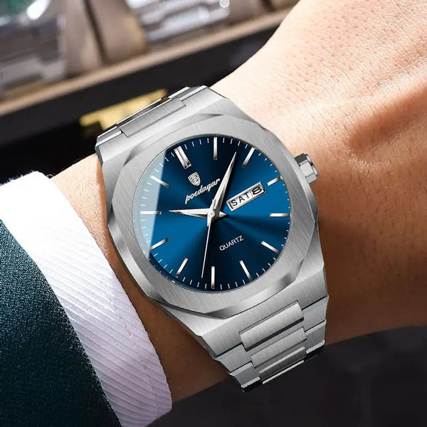 Elegante Herren-Armbanduhr, Stahlband mit blauem Ziffernblat.  Mit präzisem Quarzwerk