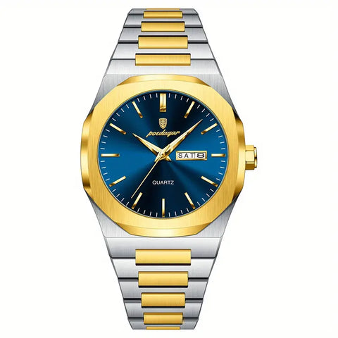Stahl-Gold Elegante Herren-Armbanduhr, Stahlband mit blauem Ziffernblatt. 42mm Durchmesser