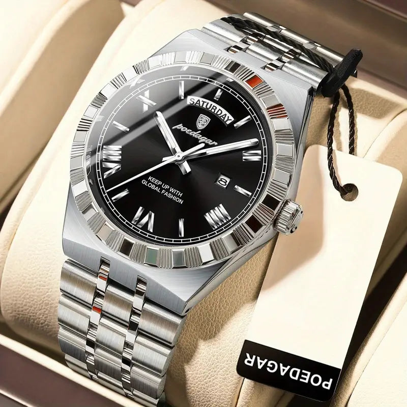 Elegante Herren-Armbanduhr, Stahlband. Mit Wochentag-Anzeige. 3 Modelle.