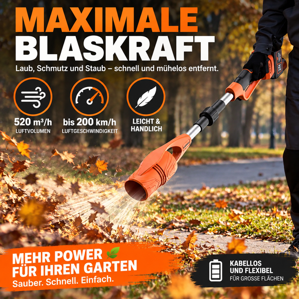 Faltbarer Akku-Laubbläser – ultraleicht, kompakt inkl. 2 Li-Ion-Akkus und Ladegerät.