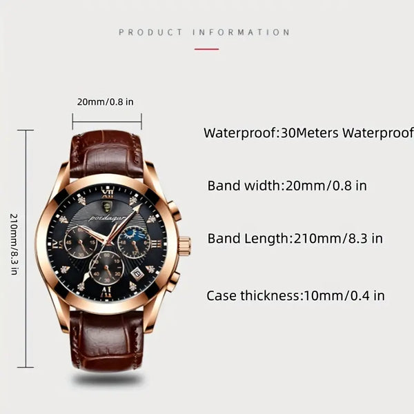 Herren-Armbanduhr goldfarbenes Gehäuse mit braunem Echtleder-Armband.