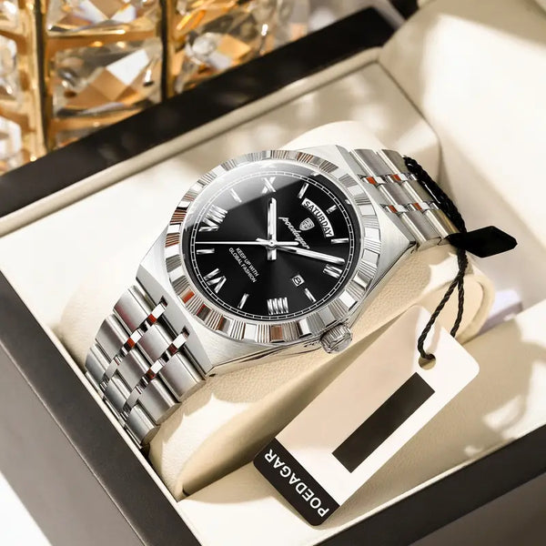 Elegante Herren-Armbanduhr, Stahlband. Mit Wochentag-Anzeige. 3 Modelle.