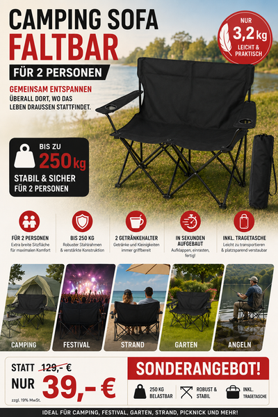 Campingsofa faltbar Camping Bank schwarz. Faltbar für 2 Personen. Nur 3,2 Kg. Immer dabei.