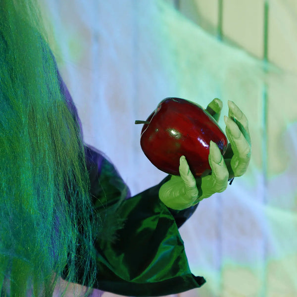 Lebensgroße Halloween-Hexe mit Giftapfel, Soundfunktion, mit Bewegungssensor und LED-Lichtern, 180 cm
