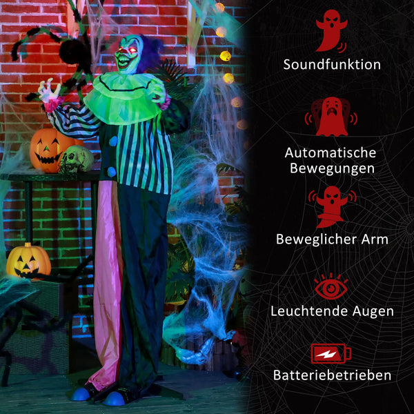 Halloween Dekoration Stehender Clown 173cm mit LED-Lichter Soundeffekt, pink und lila