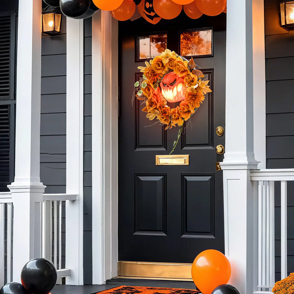 Halloween-Kranz mit Kürbisgesicht & 44 LED-Lichtern – Flackernder Grusel für Tür, Fenster & Kamin, 44 cm