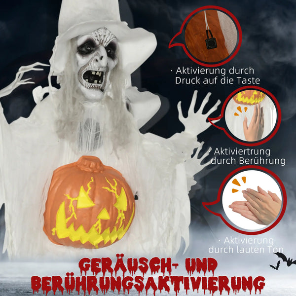 Lebensgroße alte Halloween-Hexe, Soundfunktion, mit Bewegungssensor und LED-Lichtern, 183 cm, weiß