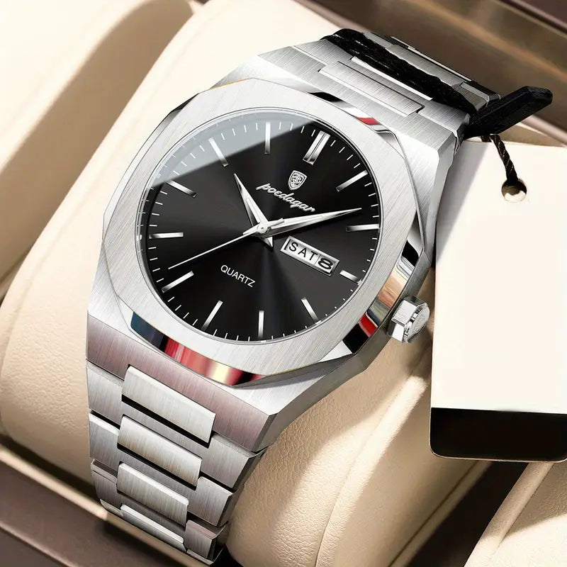 Elegante Herren-Armbanduhr, Stahlband mit schwarzem Ziffernblat.  Mit präzisem Quarzwerk