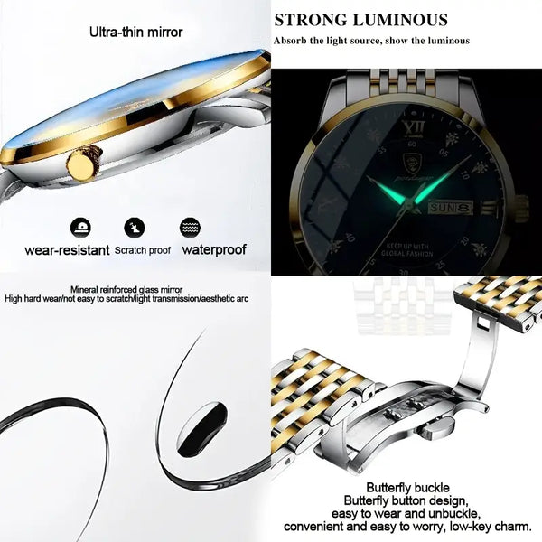 Herrenuhr Armbanduhr Stahl-Gold. Elegantes Design mit dunkelblauem Ziffernblatt