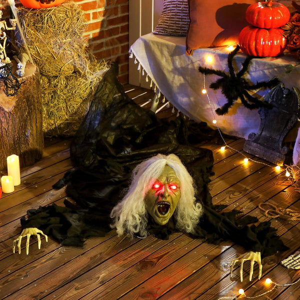 Animierte Halloween-Dekoration – Kriechende Zombie-Oma mit LED-Augen & Sound, 183 cm