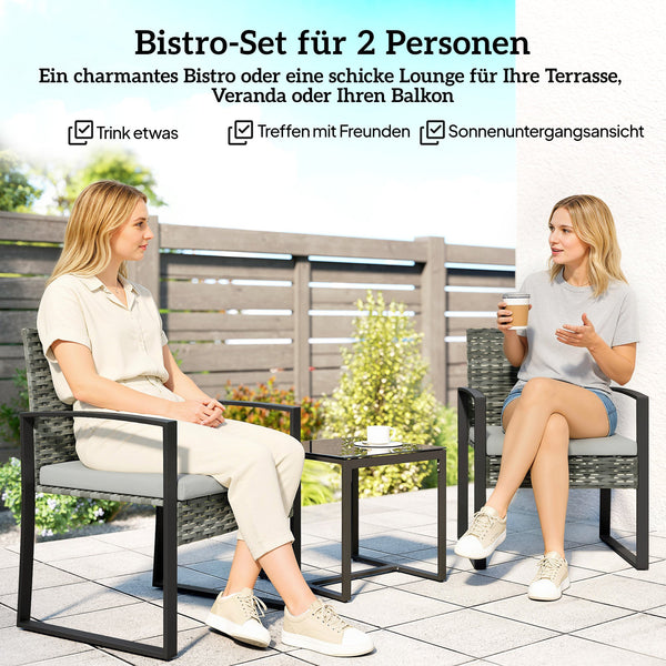 Rattan Bistroset, 3 teiliges Gartenmöbel-Set mit 2 Gartenstühlen und Tisch