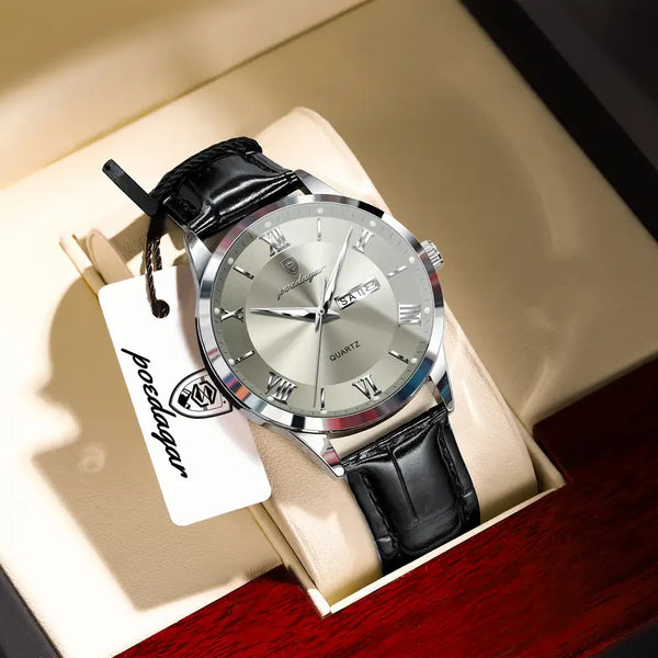 Herren Armbanduhr mit schwarzem Lederband. 4 Ausführungen.