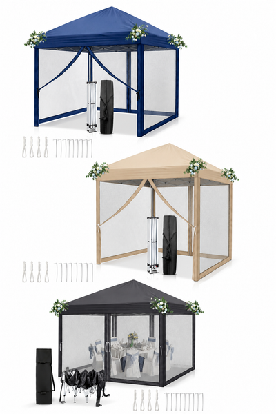 Faltpavillon 2 x 2 m Pop-Up – Partyzelt, Eventzelt & Gartenzelt mit 4 Moskitonetzen in Grau, Blau oder beige