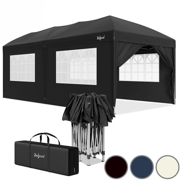 Faltpavillon 3 x 6 m – Pop-Up Pavillon inklusive Tragetasche. Sonnenschutz und leichter Regen. Mit 6 Seitenteilen.