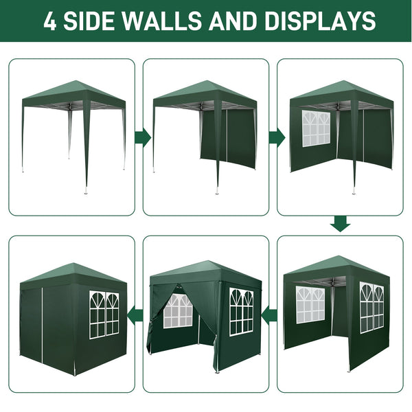 Faltpavillon wasserdicht. Pop Up. Mit 4 Seitenteilen. 2x2 Meter. Gartenzelt. Partyzelt. UV50+ Schutz. Einfaches Faltsystem.