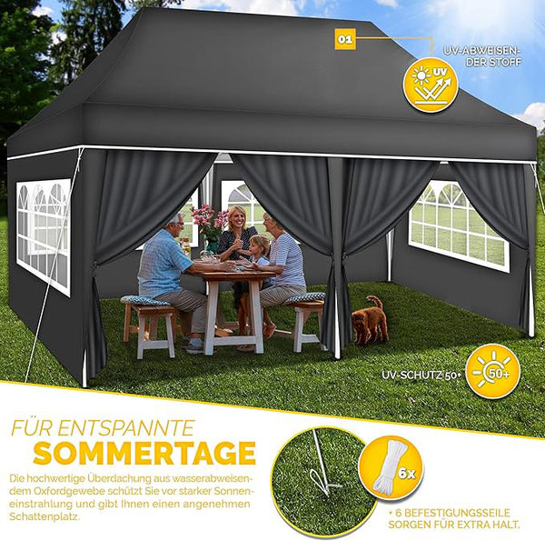 Faltpavillon wasserdicht. Pop Up. Mit 6 Seitenteilen. 3x6 Meter. Gartenzelt. Partyzelt. UV50+ Schutz. Einfaches Faltsystem.