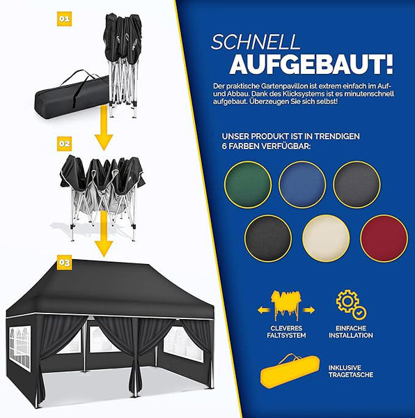 Faltpavillon wasserdicht. Pop Up. Mit 6 Seitenteilen. 3x6 Meter. Gartenzelt. Partyzelt. UV50+ Schutz. Einfaches Faltsystem.