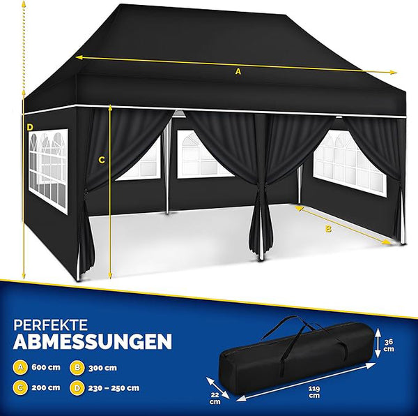 Faltpavillon wasserdicht. Pop Up. Mit 6 Seitenteilen. 3x6 Meter. Gartenzelt. Partyzelt. UV50+ Schutz. Einfaches Faltsystem.