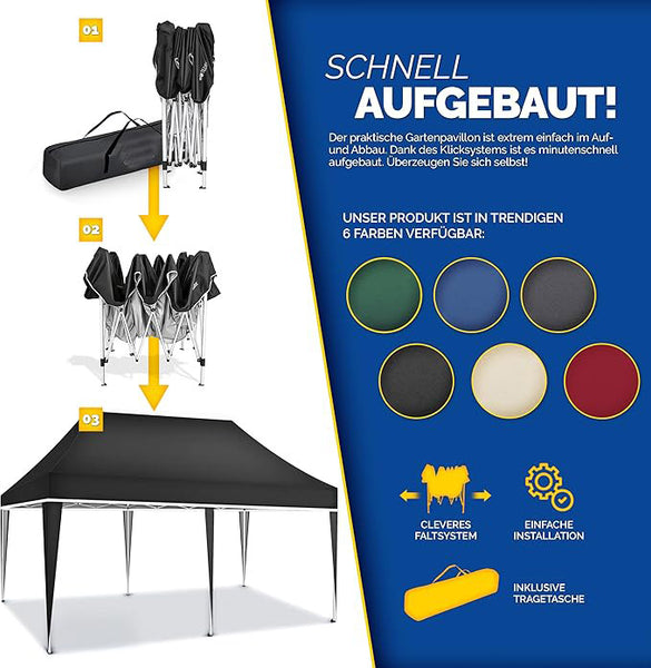 Faltpavillon wasserdicht. Pop Up. Ohne Seitenteile. 3x6 Meter. Gartenzelt. Partyzelt. UV50+ Schutz. Einfaches Faltsystem.