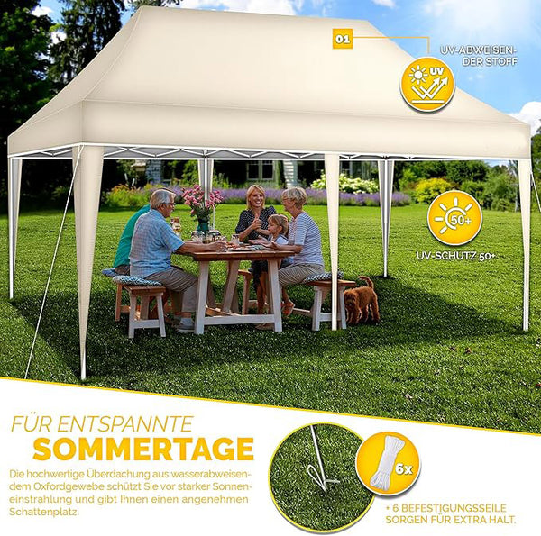 Faltpavillon wasserdicht. Pop Up. Ohne Seitenteile. 3x6 Meter. Gartenzelt. Partyzelt. UV50+ Schutz. Einfaches Faltsystem.