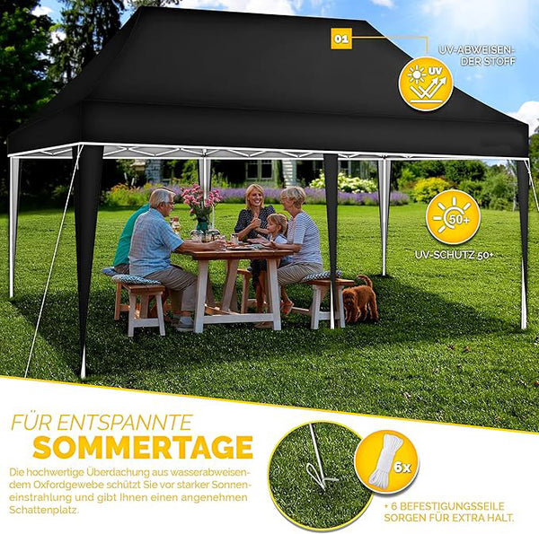 Faltpavillon wasserdicht. Pop Up. Ohne Seitenteile. 3x6 Meter. Gartenzelt. Partyzelt. UV50+ Schutz. Einfaches Faltsystem.