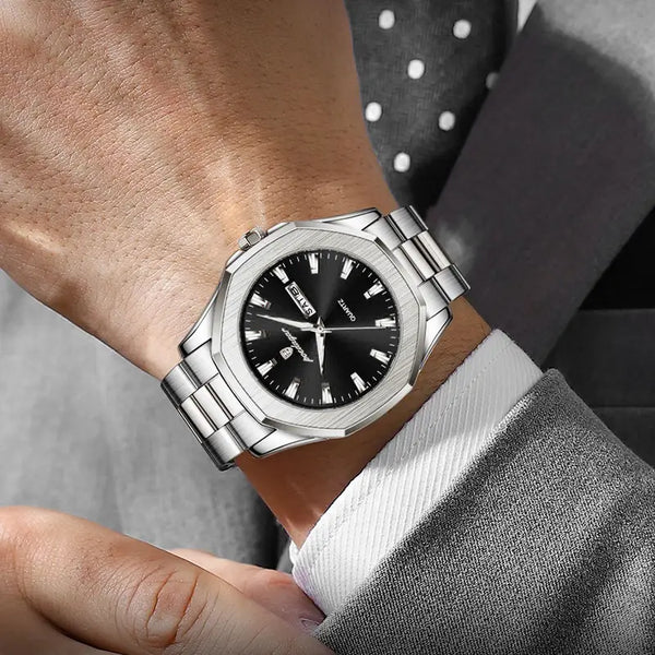 Edelstahl Herren Armbanduhr mit Achteck-Lünette. Verschiedene Ausführungen.