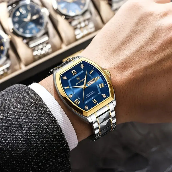 Elegante Uhr (Stahl/Gold  in klassischem Business‑Casual‑Stil mit markantem Tonneau‑Gehäuse