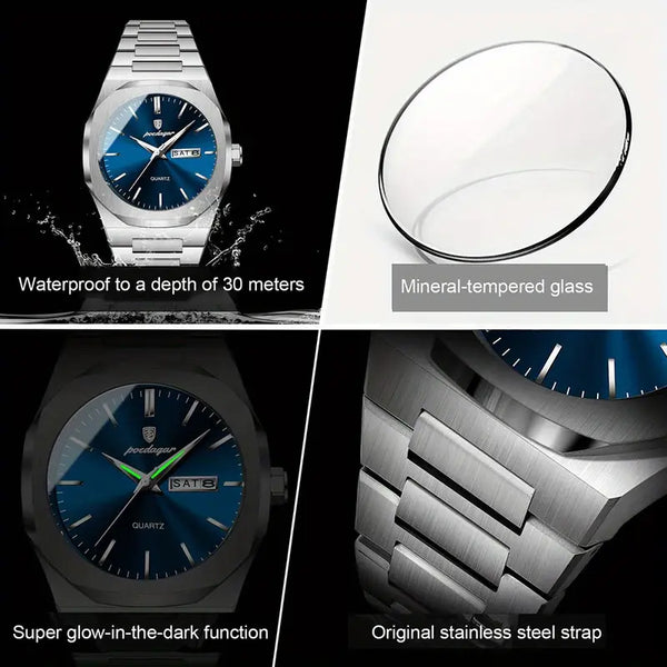 Elegante Herren-Armbanduhr, Stahlband mit blauem Ziffernblat.  Mit präzisem Quarzwerk