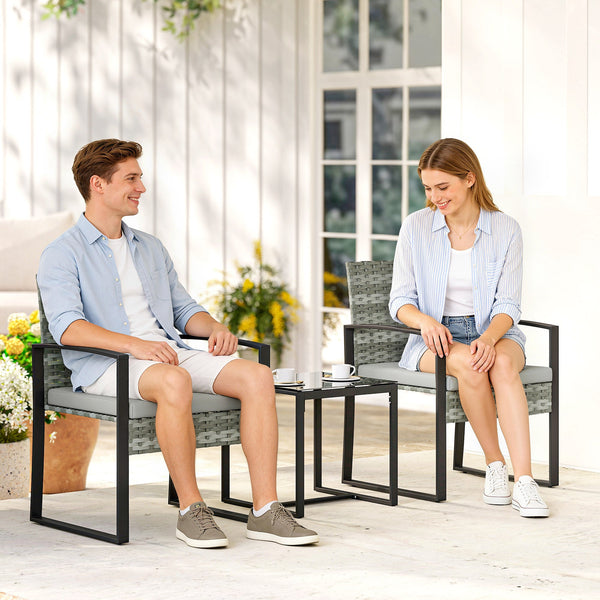 Rattan Bistroset, 3 teiliges Gartenmöbel-Set mit 2 Gartenstühlen und Tisch