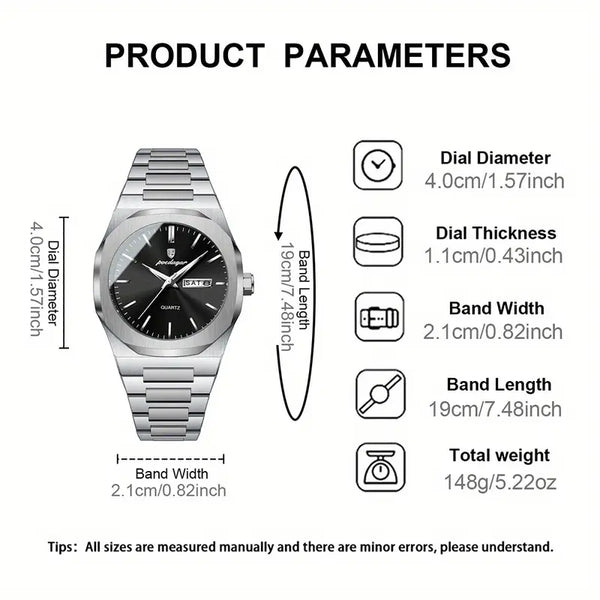 Elegante Herren-Armbanduhr, Stahlband mit schwarzem Ziffernblat.  Mit präzisem Quarzwerk