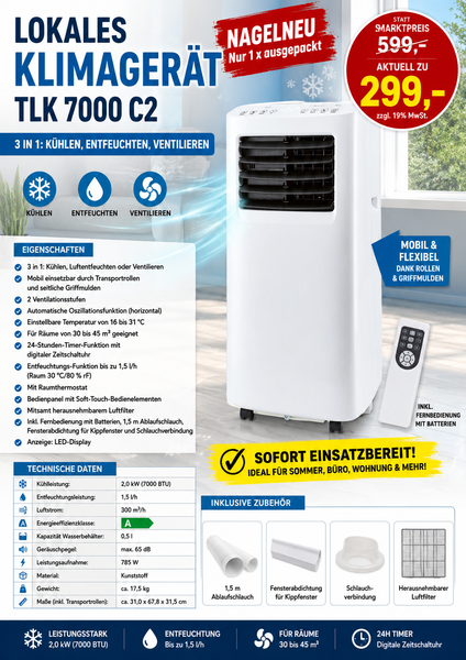 Mobile Klimaanlage 2100 Watt, 7000 BTU, R290. Farbe: Weiß.