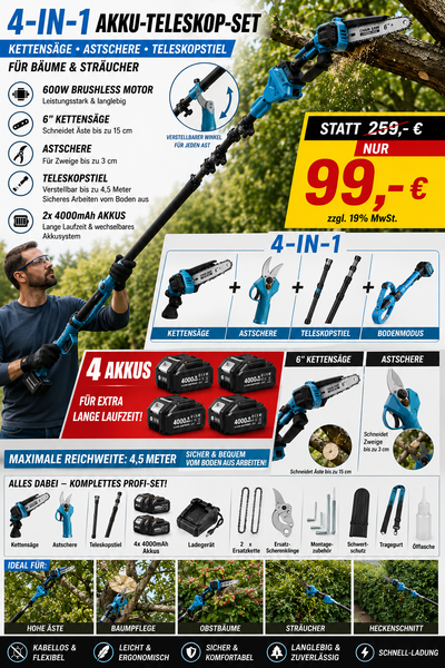 Akku Hoch-Astschneider und Astsäge 4-in-1 mit Kettensäge, Astschere & Teleskopstiel – 600W