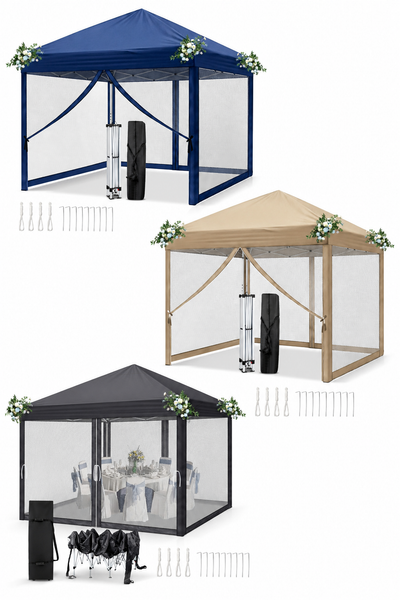 Faltpavillon 3 x 3 m Pop-Up – Partyzelt, Eventzelt & Gartenzelt mit 4 Moskitonetzen in Grau, Blau oder beige