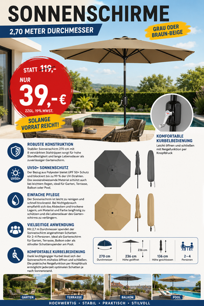 Sonderposten: Sonnenschirm Durchmesser Ø 270cm. UV-Schutz UPF50. knickbar. Höhe 236 cm.