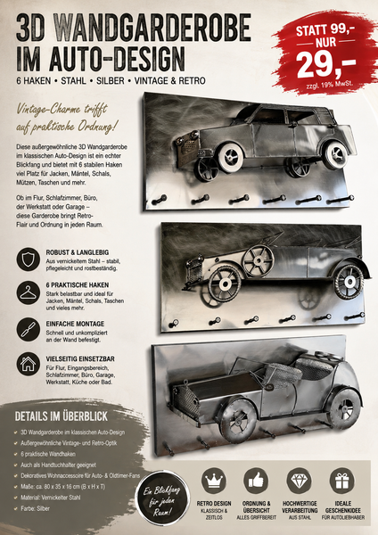 Kunst aus Stahl. (3D) Oldtimer-Wandgarderoben. 80 cm. Hakenleiste Paneel 80x35x16cm 4 künstlerische Modelle in Handarbeit.