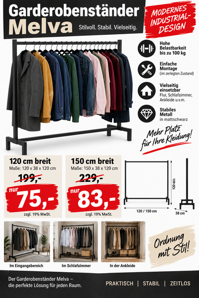 Garderobenständer im Industrialdesign. Für Büro, Hotel, Messen, Events, Sport, Boutiquen, Showrooms usw.