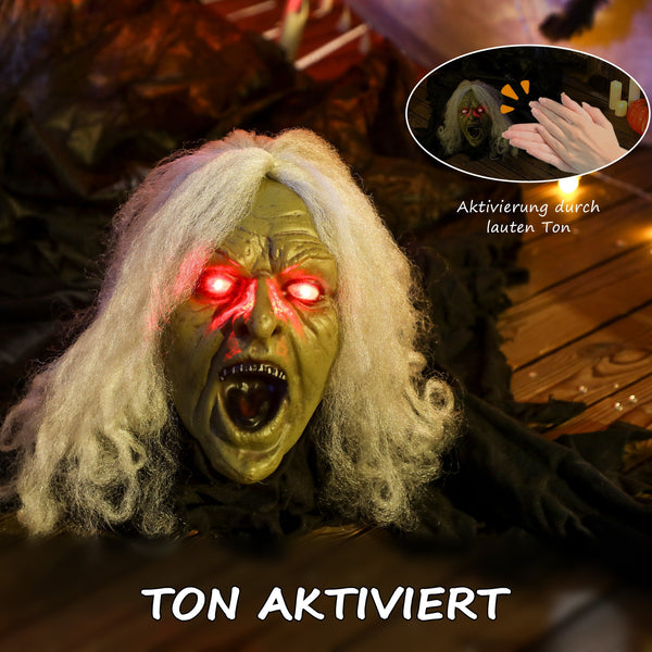 Animierte Halloween-Dekoration – Kriechende Zombie-Oma mit LED-Augen & Sound, 183 cm