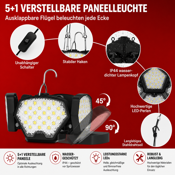 Akku-LED-Hängeleuchte – Flexible Akku-Deckenleuchte auch zum Hinstellen mit höhenverstellbarer Stahlseil-Aufhängung