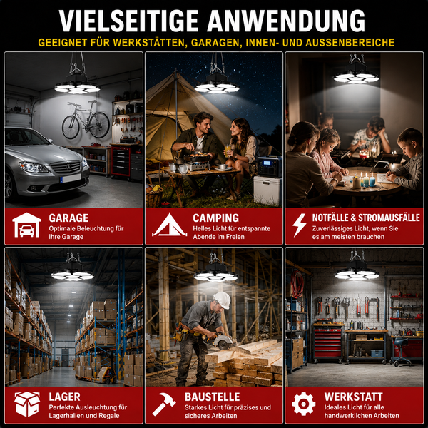 Akku-LED-Hängeleuchte – Flexible Akku-Deckenleuchte auch zum Hinstellen mit höhenverstellbarer Stahlseil-Aufhängung