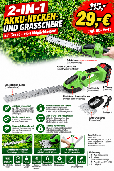 Sonderposten: 2-in-1 Akku-Hecken- & Grasschere – kompakt, leicht und vielseitig