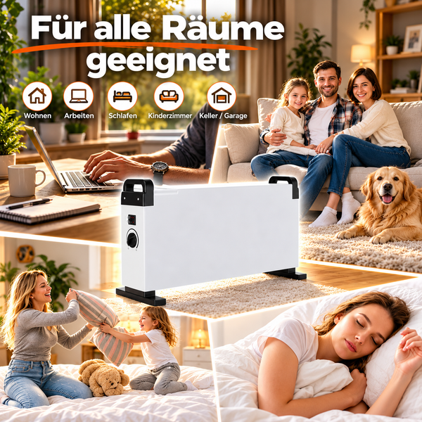 Leistungsstarker Konvektor für angenehme Wärme. 3 Stufen einstellbar bis 2000 Watt mit Thermostat