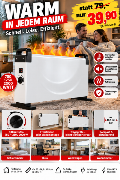Leistungsstarker Konvektor für angenehme Wärme. 3 Stufen einstellbar bis 2000 Watt mit Thermostat