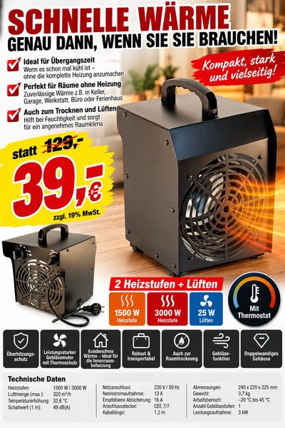 Robuster Elektro-Heizlüfter 3.000 W mit Thermostat | 2 Heizstufen | Gebläsefunktion