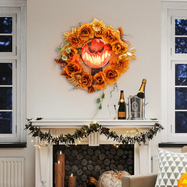 Halloween-Kranz mit Kürbisgesicht & 44 LED-Lichtern – Flackernder Grusel für Tür, Fenster & Kamin, 44 cm