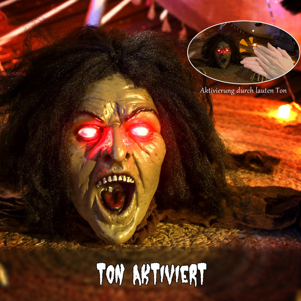 Halloween Dekoration kriechende Zombi-Oma, LED-Lichter und Soundfunktion, 140 cm
